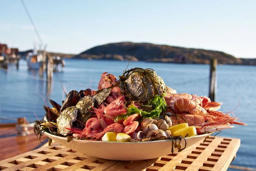 Iia plate of seafood on a table with the sea in the background. Discover eat and drink in langebaan