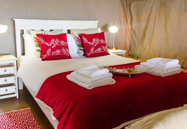 Love weskus ilove weskus iclose up view of the bed in the tent at thali thali game lodge. The bed is covered in red bed linen, white towels and red cushions