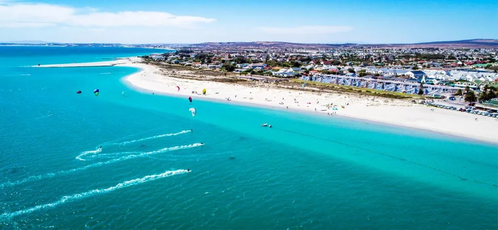 Iithe aerial view of main beach of langebaan. White sands and perfect beach is presented as what to see in langebaan