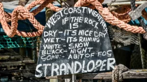 Iithe weather sign at the strandloper. One of two outdoor restaurants in langebaan