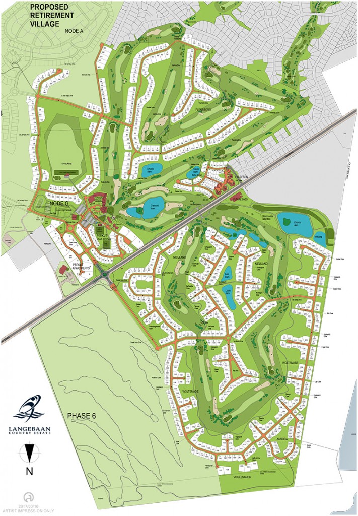 Love weskus ilove weskus isite map of langeban country estate's proposed retirement village, showing phase 6 area, road network, green spaces, ponds, and labeled neighborhoods and precincts.