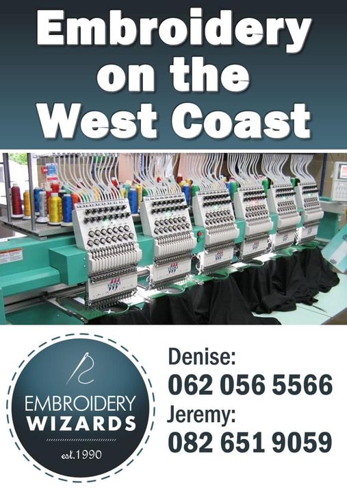 Advertisement for Embroidery on the West Coast featuring multiple embroidery machines and contact info for Denise and Jeremy of Embroidery Wizards.