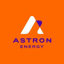 Astron Energy logo: white stylized 'A' mark with a purple accent and the words 'ASTRON ENERGY' on an orange background.