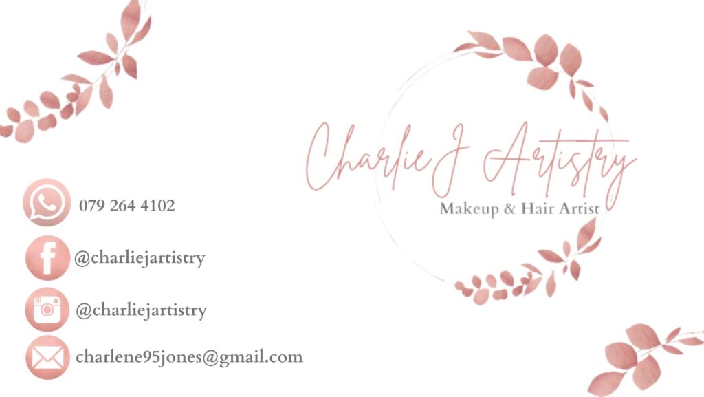 Brand card with pink leafy frame and logo 'Charlie & Artistry' on the right; left column shows WhatsApp, Facebook, Instagram, and email icons and text.
