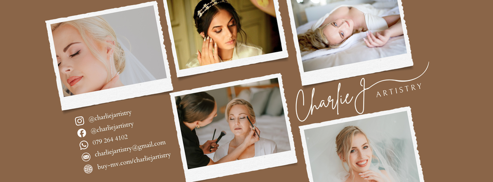 Collage-style branding banner with five Polaroid photos of brides and models on a brown background, featuring cursive text ‘Charlie J Artistry’ and social/contact icons with an email and website for a makeup artist.