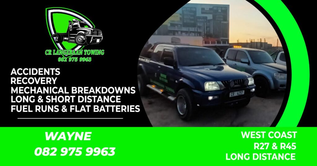 Advertising banner for CR Langebaan Towing with logo, service list (accidents to flat batteries), and contact info; image of tow trucks in a lot on the right.