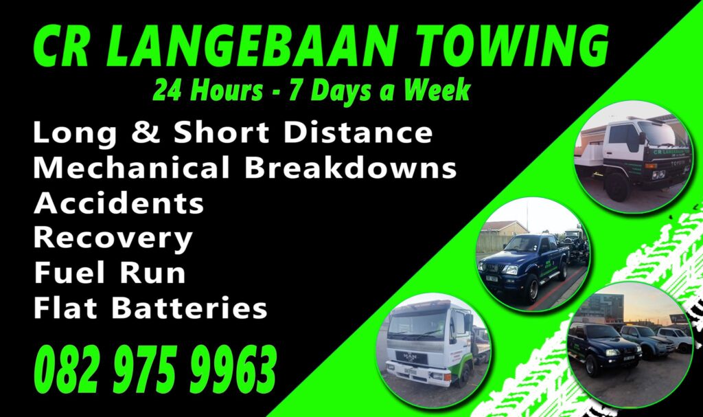 Advertising banner for CR Langeban Towing offering 24/7 long and short distance towing and recovery services with circular vehicle photos on a green background.