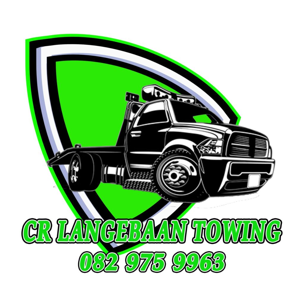 Logo for a towing company with a black tow truck over a bright green shield and bold green contact text underneath (phone number visible).