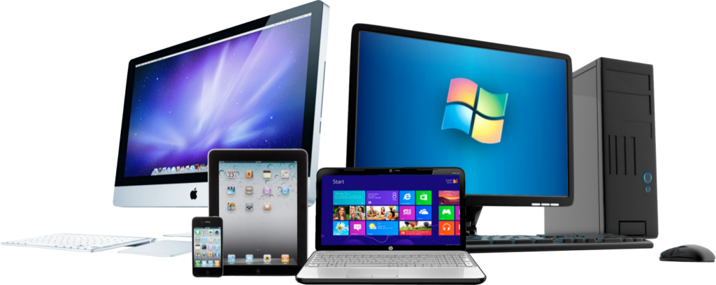 A collage of devices including an iMac, iPad, iPhone, Windows laptop, a Windows monitor, a desktop tower, keyboard and mouse.