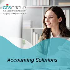 Professional woman smiling in an office with CRS Group branding and an 'Accounting Solutions' banner overlay.