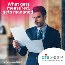 Professional man in a suit reads documents with the slogan 'What gets measured, gets managed' and the CRS Group logo.