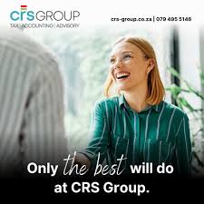 CRS Group brand banner with logo and the tagline 'Only the best will do at CRS Group' beside a smiling woman in a teal blouse in a bright office.