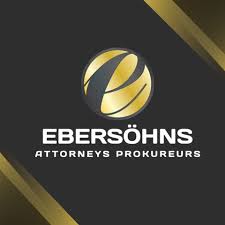 EBERSÖHNS Attorneys/Prokureurs logo with gold spherical emblem on a dark background and gold diagonal accents.