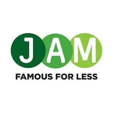 JAM logo: three green circles with the letters J, A, M and the slogan 'FAMOUS FOR LESS'.
