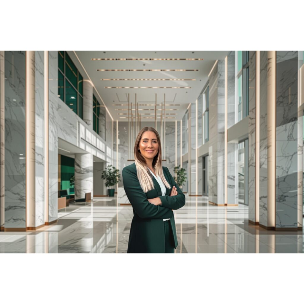 Businesswoman in a green blazer stands with arms crossed in a marble-lit modern lobby with gold vertical columns.