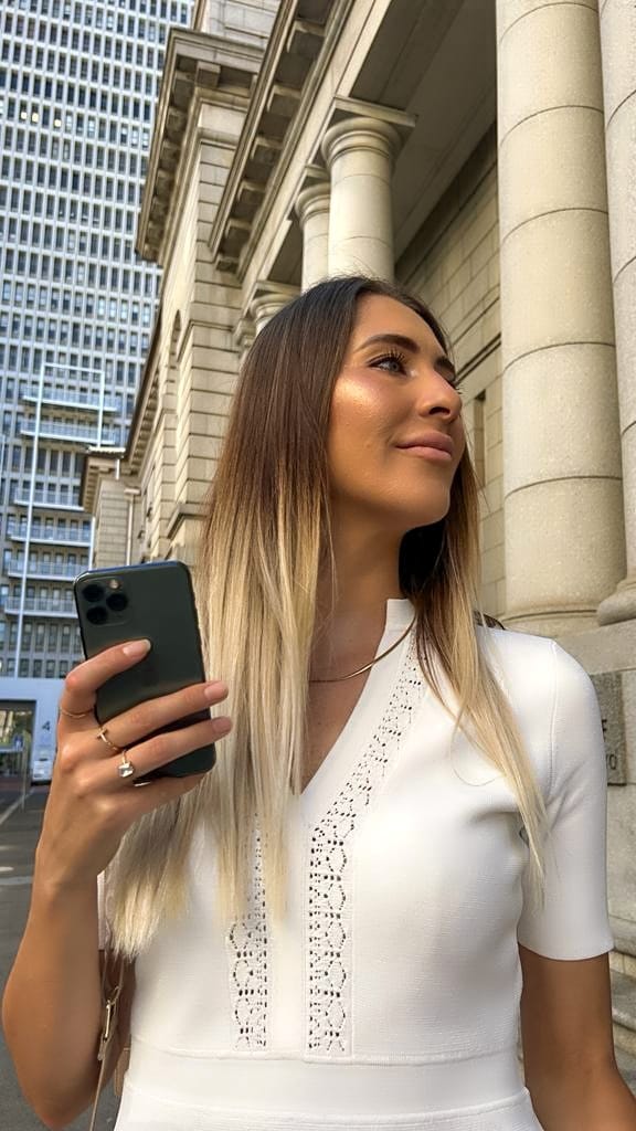 Woman in a white dress holds a smartphone in her left hand while standing beside a stone building with columns in an urban setting.