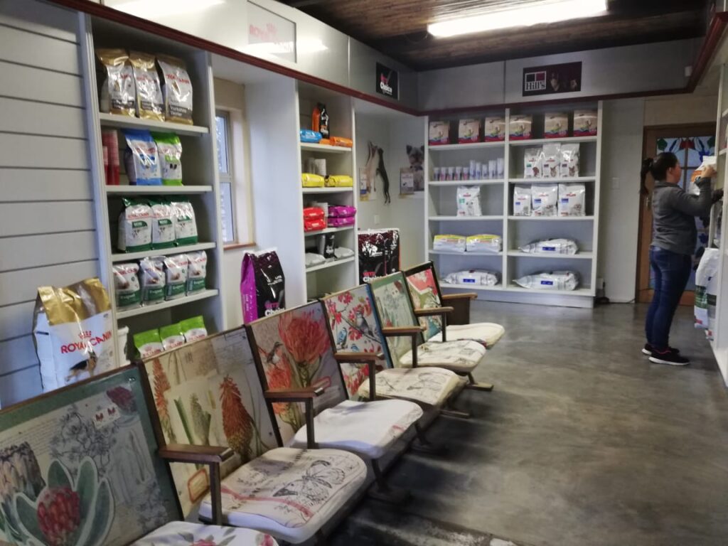 Interior of a pet store with shelves of pet food and a row of colorful chairs along the wall, a customer browsing in the background.