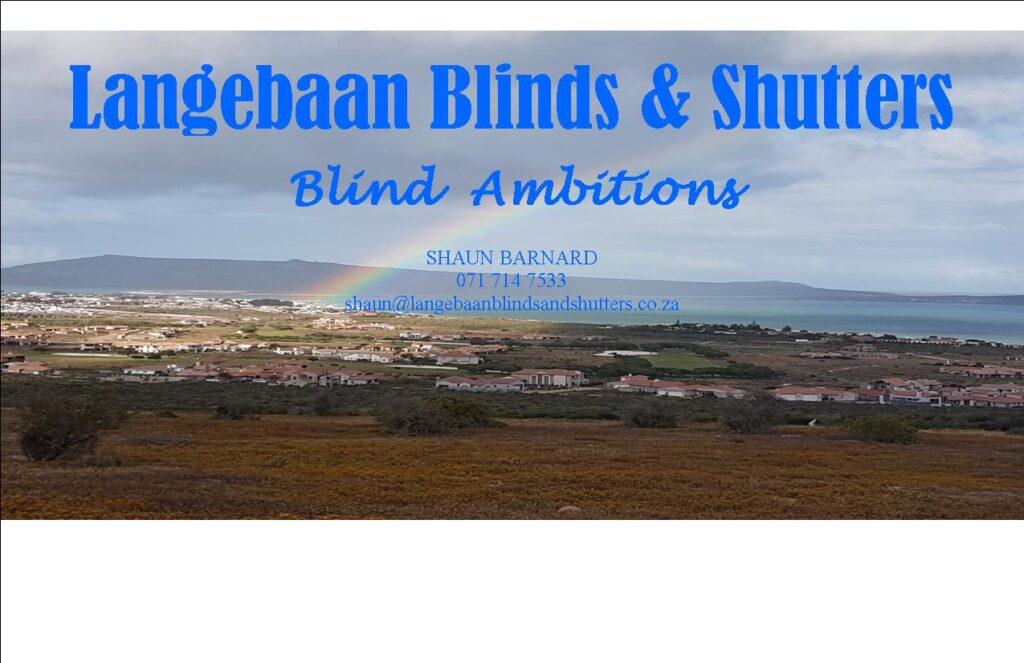 Brand banner for Langebaan Blinds & Shutters with rainbow over a coastal town; includes Shaun Barnard’s name and email.