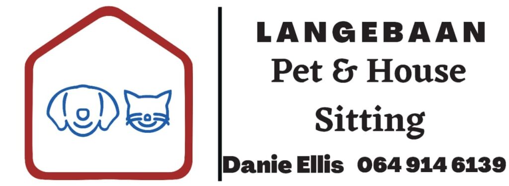 Logo for Langebaan Pet & House Sitting: red house outline with blue dog and cat inside; contact Dane Ellis 064 914 6139