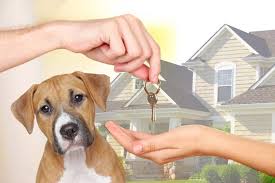 Dog in foreground as one person hands a set of keys to another, with a suburban house in the background (symbolizing a new home for a pet).