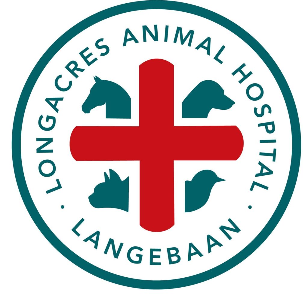 Circular veterinary logo with teal border and red cross, surrounded by teal animal silhouettes and the hospital name edge.