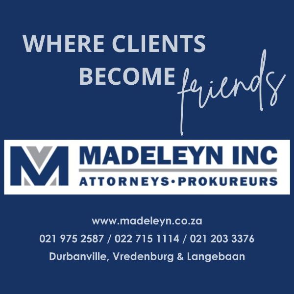 Blue graphic with the tagline 'Where clients become friends', the Madeleyn Inc Attorneys logo on a white banner, and contact details (www.madeleyn.co.za, phone numbers) plus office locations.