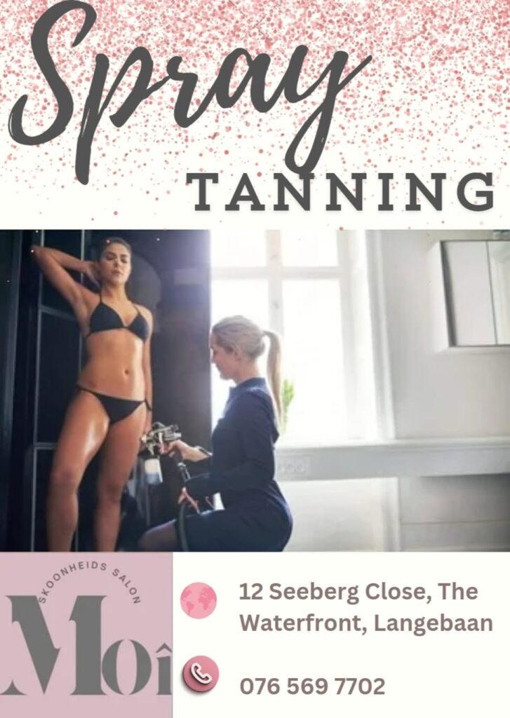 Spray tanning advertisement: technician applying spray tan to a bikini-clad client; bottom panel shows salon logo, address, and phone number.
