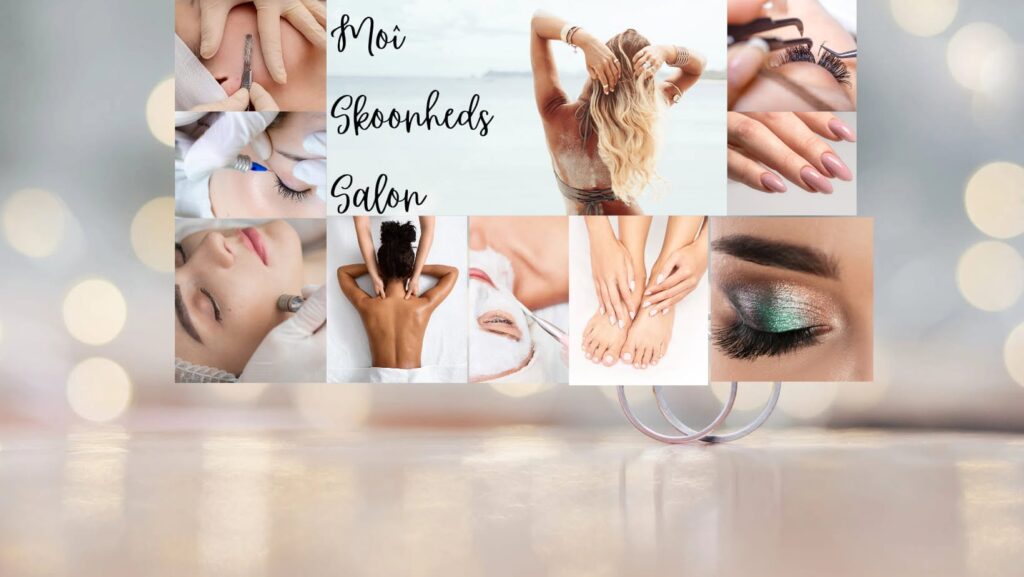 Collage promoting a beauty salon with manicure, lashes, facial, massage, nails, and hair styling imagery over a soft beach backdrop.