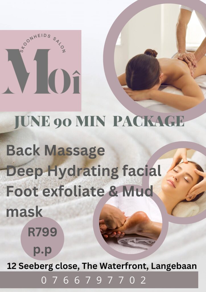 Spa promotional flyer advertising a 90‑minute June package: back massage, facial, foot exfoliation and mud mask; includes contact details and price hints.