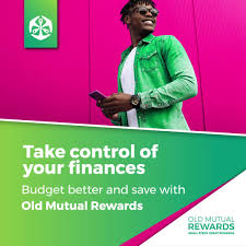 Ad banner: 'Take control of your finances' with green gradient, promoting budgeting and saving with Old Mutual Rewards.