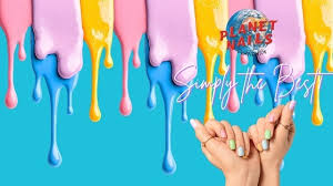 Promotional banner for Planet Nails with dripping pastel nail polish colors and hands showing manicured nails; slogan reads 'Simply the Best'.