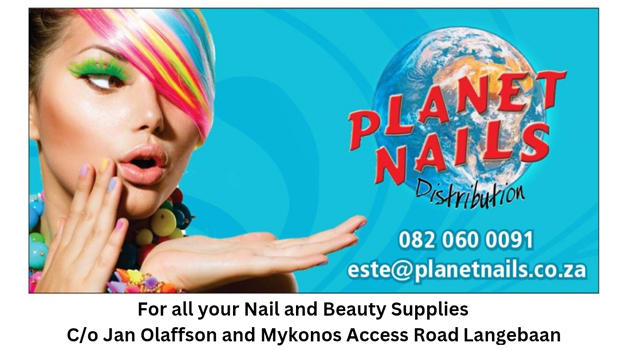 Colorful beauty ad for Planet Nails Distribution with a fashion model on the left and a globe logo on the right, plus contact phone and email.