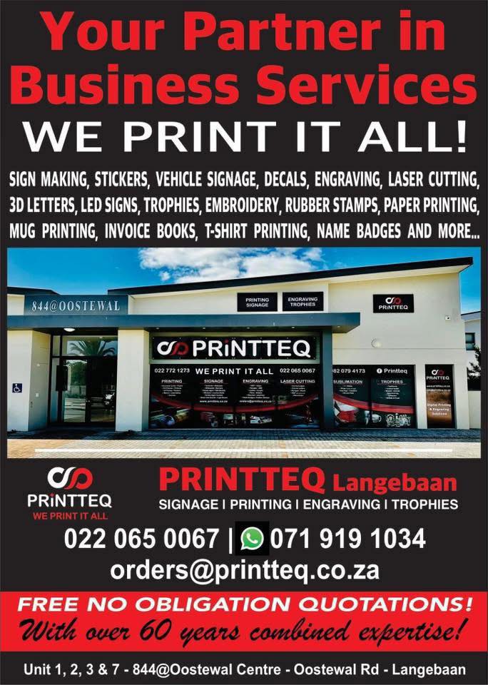 Printteq Langebaan advertisement offering signage, printing, engraving; storefront image with contact numbers and email.