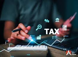 Businessperson using a stylus on a tablet, with glowing tax and finance icons (TAX, % , bar chart) and an upward trend graph to convey tax planning and analytics.