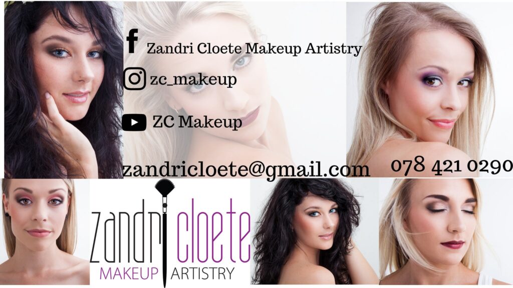 Collage banner for Zandri Cloete Makeup Artistry showing three models with makeup, plus social icons and contact info.