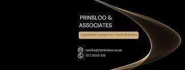 Brand banner for Prinsloo & Associates law firm with the tagline 'Exclusive lawyers for small business' and contact icons on a dark background.