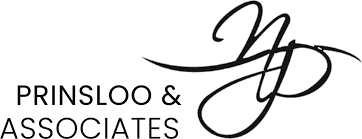 Logo for Prinsloo & Associates with bold wordmark on the left and an ornamental cursive 'PA' monogram on the right, forming the brand mark.