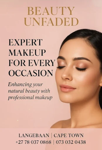 Beauty unfaded langebaan – – Iiposter for beauty unfaded featuring a woman with soft makeup on the right; headline reads 'expert makeup for every occasion' with a tagline and contact info at the bottom.