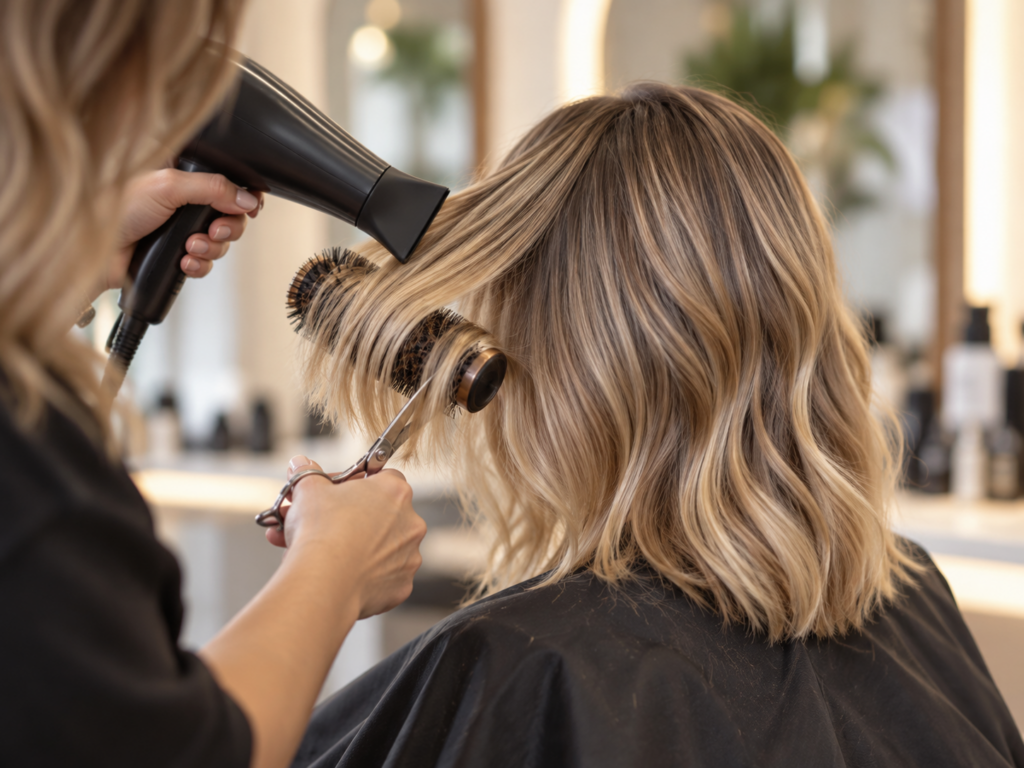 Blow dry hair – – Iihair stylist dries and curls a client’s blonde, shoulder-length hair using a blow dryer and curling wand.