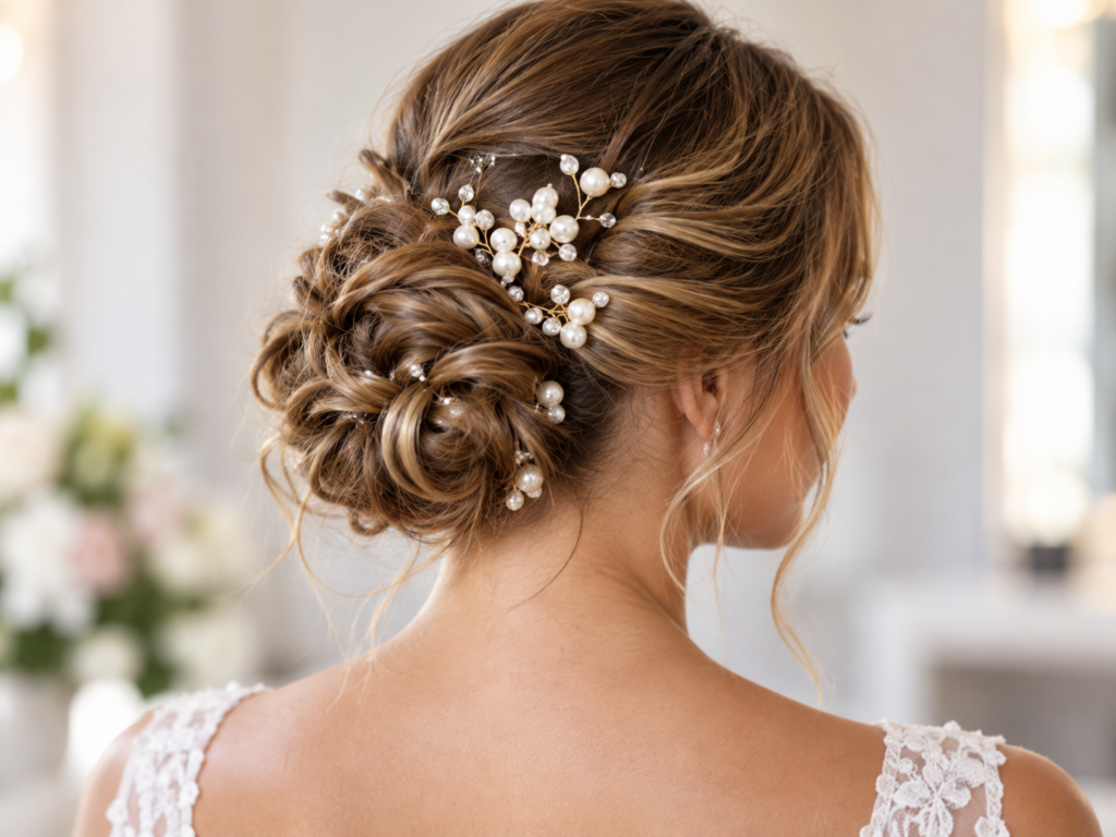 Bridal hair – – Iiwedding_updo hairstyle with pearl and crystal hairpins on the back of the head, lace dress visible on shoulders