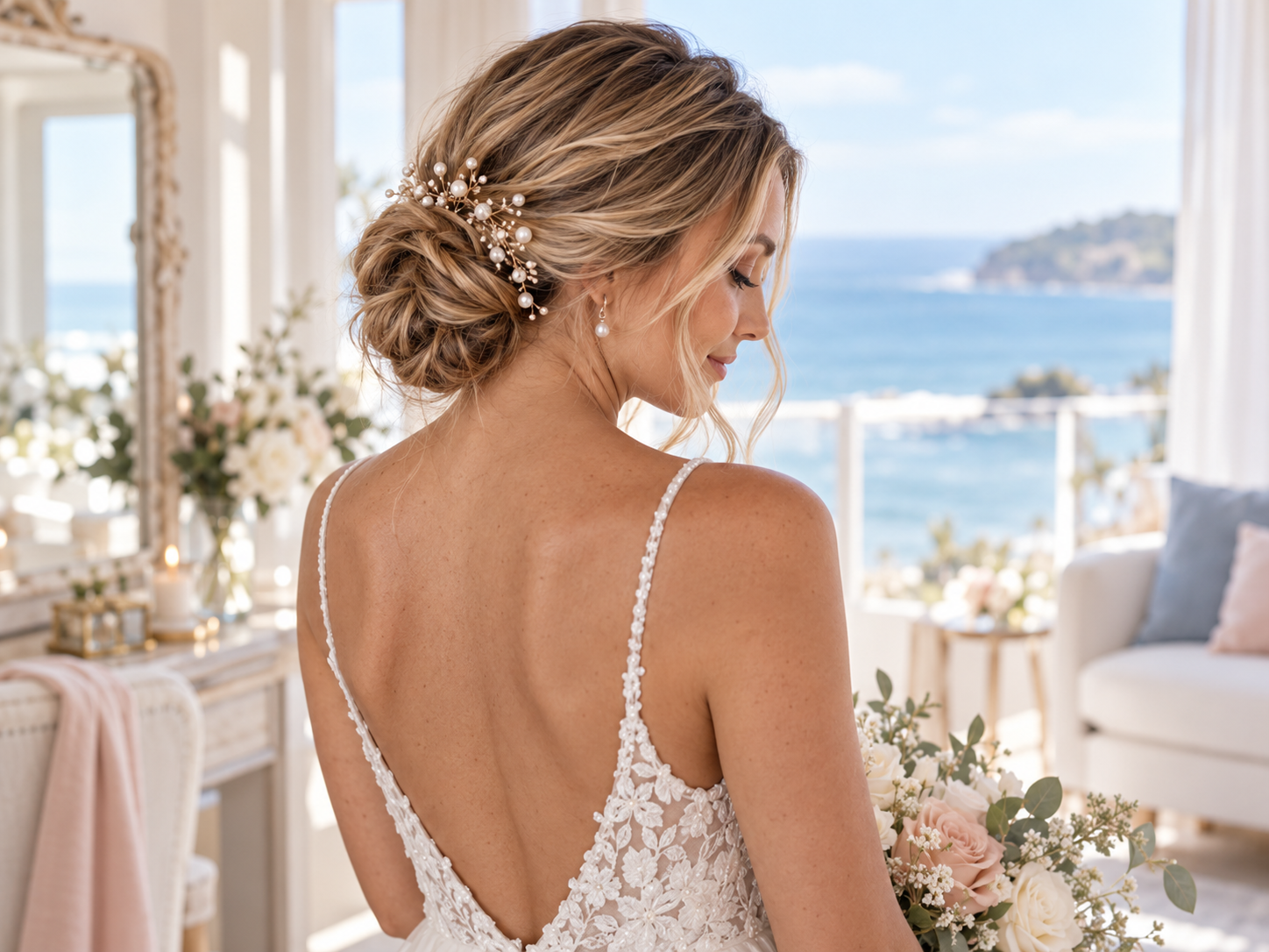 Bridal hair styling langebaan. – – Iibride with an elegant low bun and pearl hair accessory, wearing a lace-back wedding dress, holding a pale bouquet by a seaside room with bridal hair styling in langebaan.