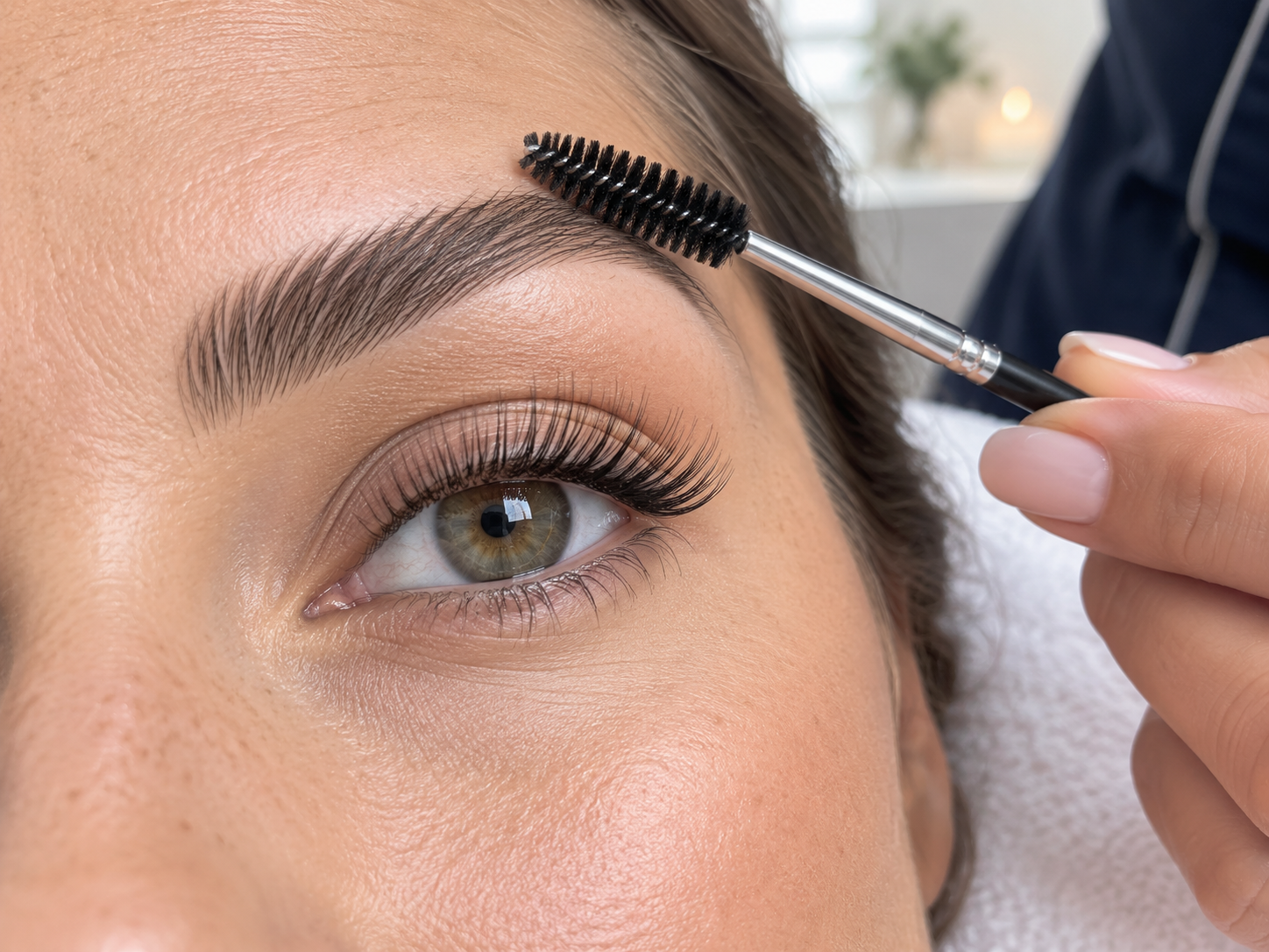 Brows & lashes in langebaan – – Iiclose-up of an eye with a makeup artist brushing the eyebrow using a spoolie brush.