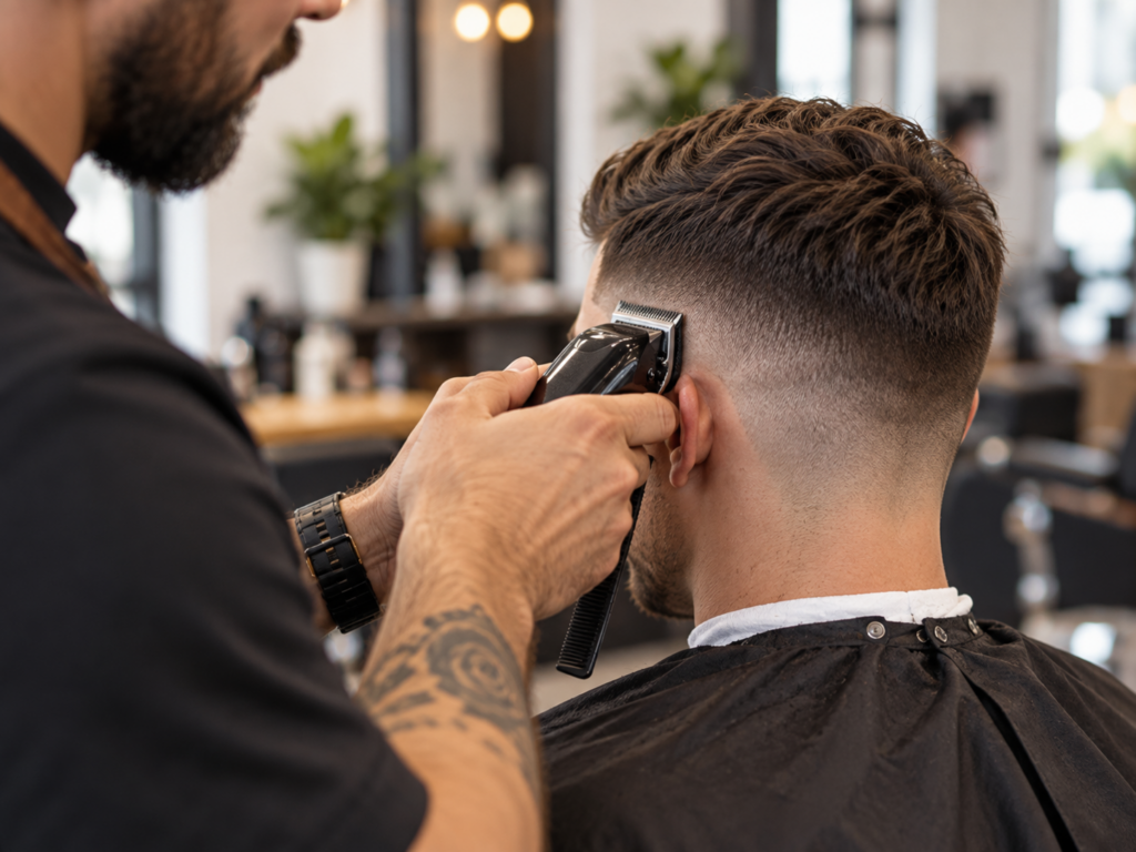 Mens hair cuts – – Iibarber using electric clippers to fade the back of a man's hair in a barbershop.