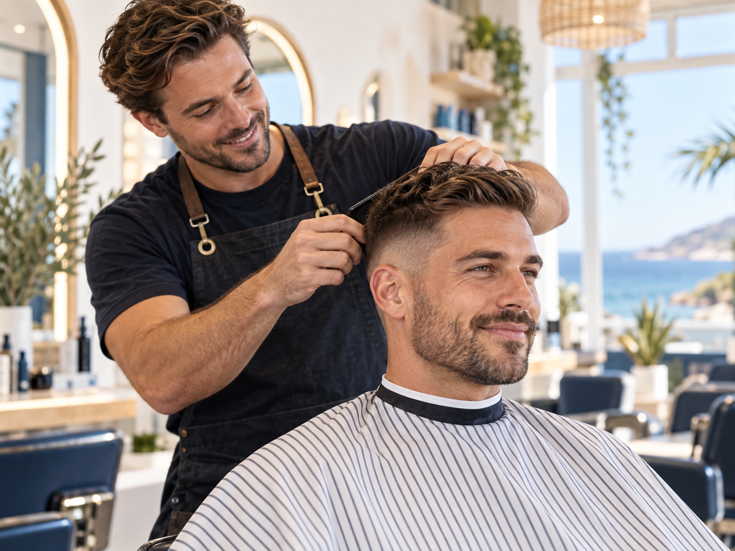 Mens hair salons in langebaan – – Iibarber in a black apron trims a client's hair with scissors in a bright langebaan hair salon. Salon.