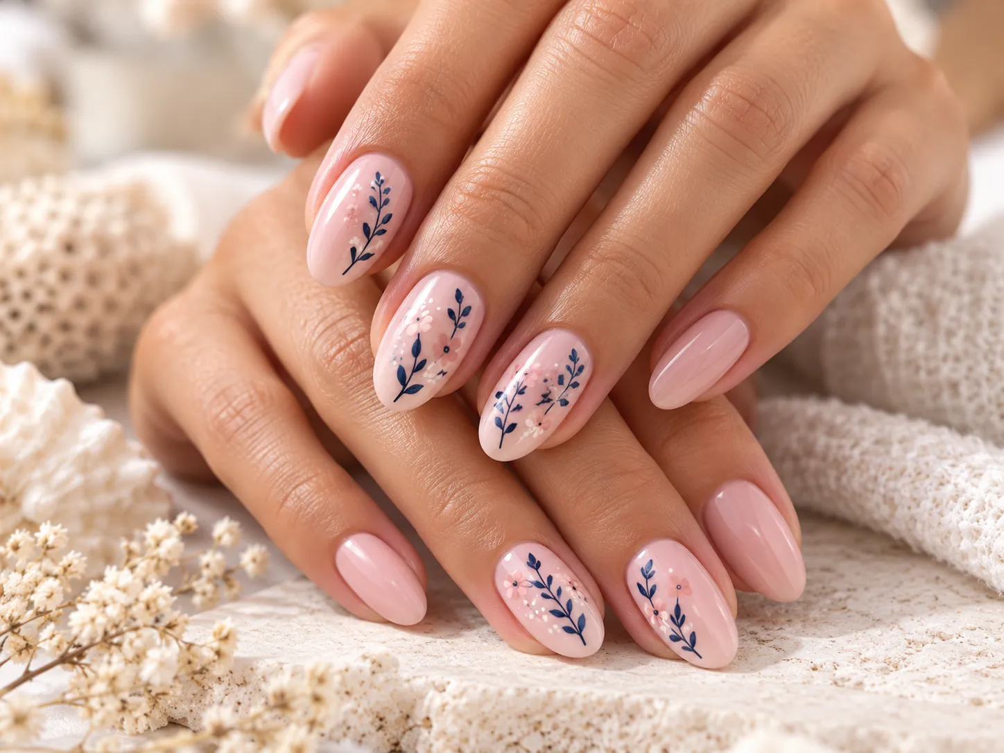 Nail art langebaan 1 – – Iiclose-up of manicure with pale pink nails featuring blue floral nail art on two accent nails, hands resting on a textured surface.