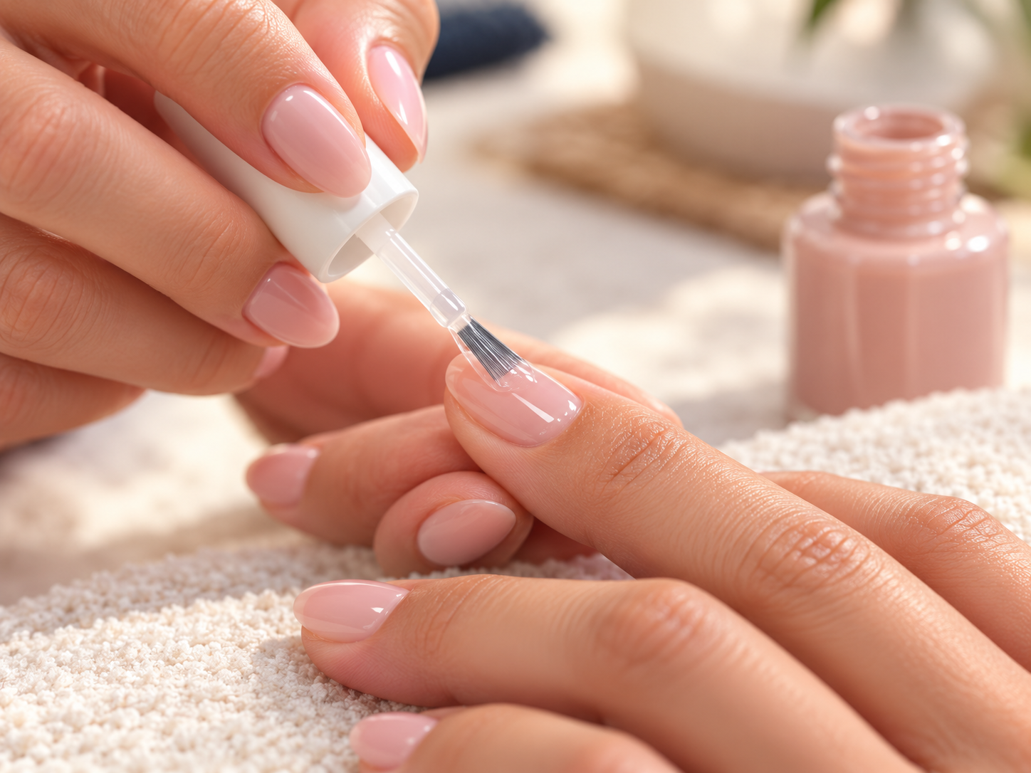 Nail repair langebaan – – Iinail technician applying soft pink nail polish to a fingernail with a small brush. A pink bottle sits in the background on a textured surface.