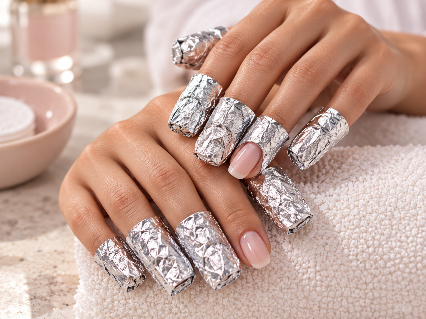 Soak-off langebaan – – Iiclose-up of hands with long nails wrapped in crinkled silver foil during a manicure.