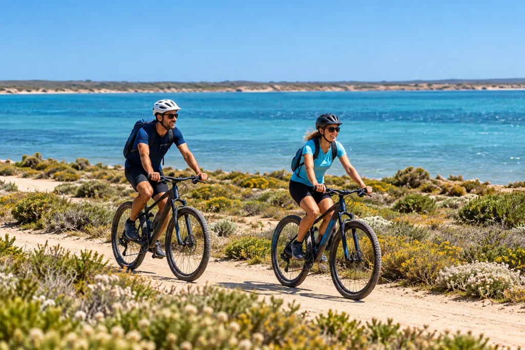 Iitwo cyclists wearing helmets ride along a sandy coastal trail with clear blue water and shrubbery nearby.
