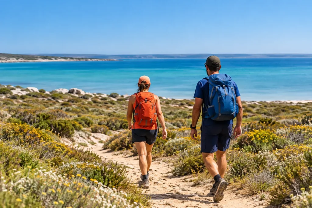Iitwo hikers with backpacks walk along a sandy coastal trail toward a turquoise sea on a sunny day, shrubs in bloom.