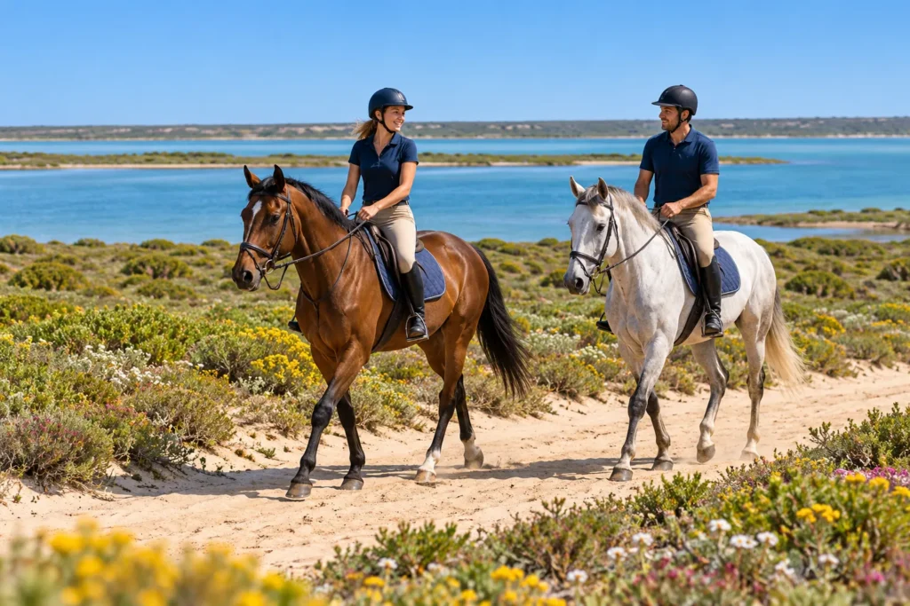 Iitwo riders on horseback traveling along a sandy coastal trail with blue ocean in the background, wearing helmets and navy shirts.
